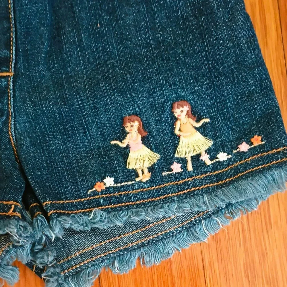 Gymboree Girls Embroidered Hawaiian Shorts 6-12m Denim Pull On Jean Cut Offs